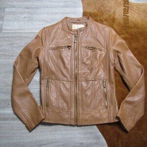 Michael Kors Leather Jacket Womens Full Zip Moto Band Collar TAN